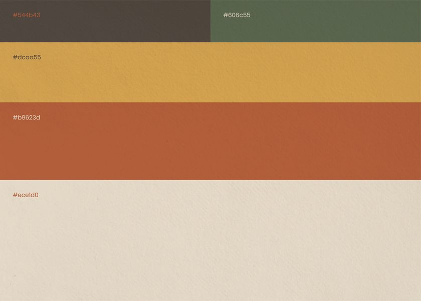 La palette Bohémien Café: grigio caldo, verde salvia, giallo senape, terracotta e crema